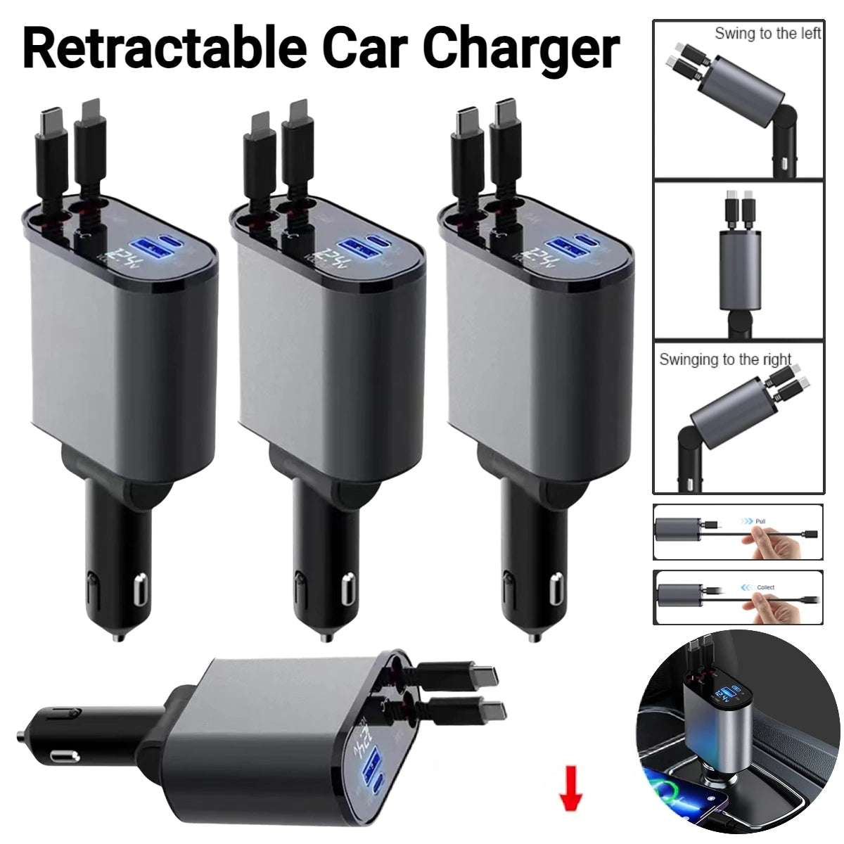 4 In 1 Car Charger 120W Retractable Design Without Light